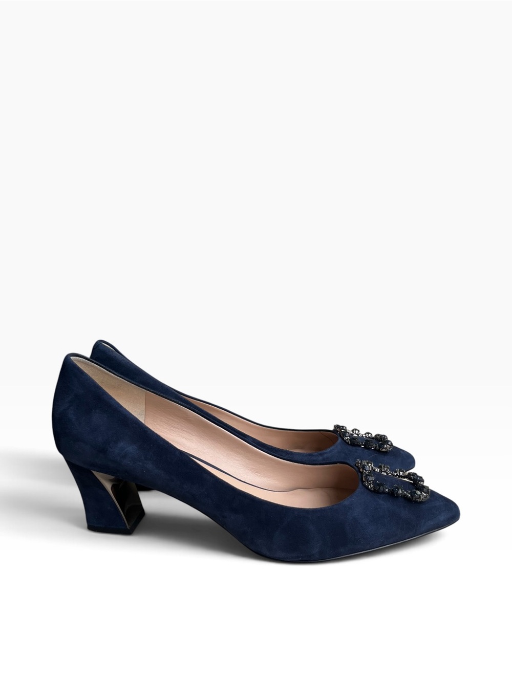 Karl Lagerfeld Navy Suede Pointed Toe Mid Block Heel Pumps with Crystal Buckle